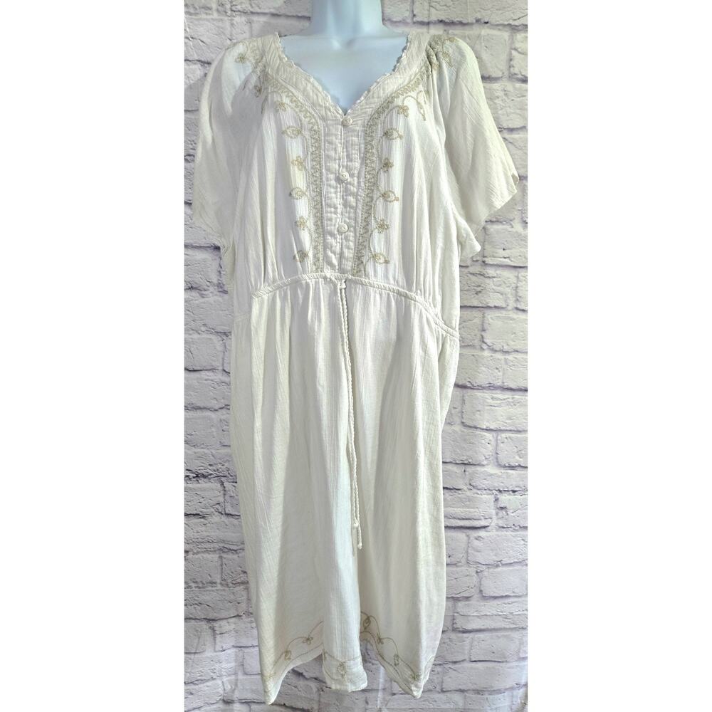 Sonoma White Embroidered Bodice & Hem Pull On Dress 2X Plus Lightweight
